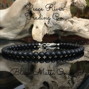 Men’s Black Matte Onyx Beaded Bracelet Silver 4mm